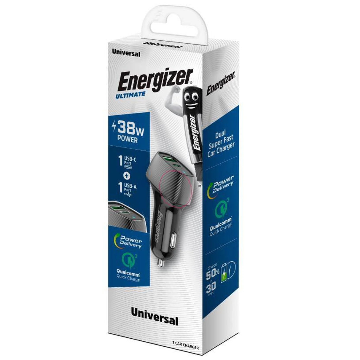 Energizer D38BK 38W Car Charger USB-A & Type-C QC – Carbon Fiber Design