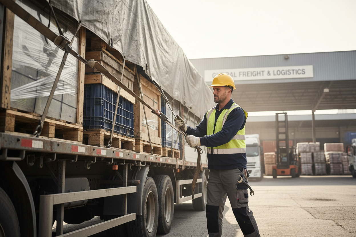 Man securing cargo on truck at depot - landscape
