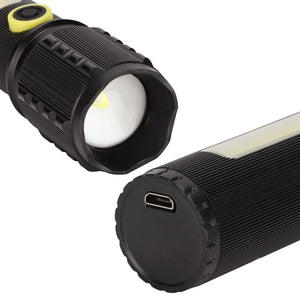 Rechargeable Flashlight with Integrated LED Strip and Adjustable Focus