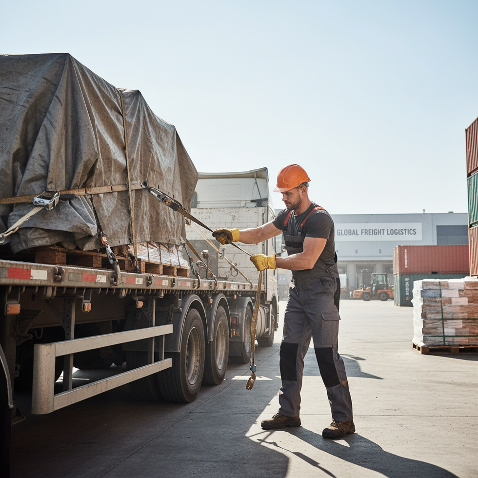Man securing cargo on truck at depot