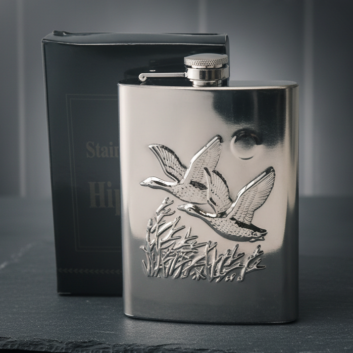 Metal Hip Flask with Engraved Wild Duck Design – 240 ml